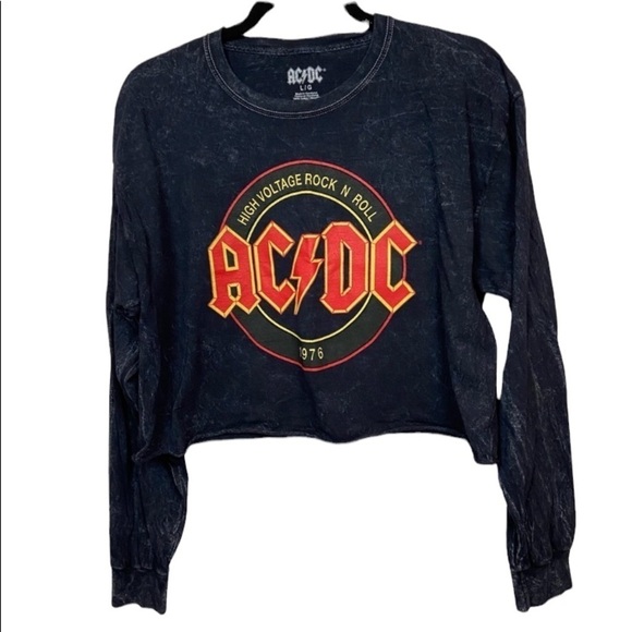 AC/DC Black Women’s Size Large L Cropped Long Sleeve Top Distressed 100% Cotton - Picture 1 of 6